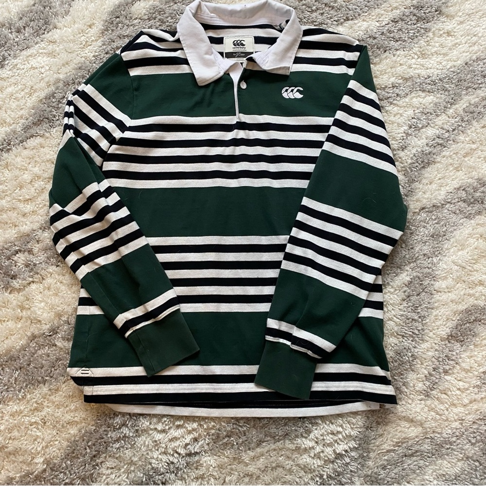 J. Crew x Canterbury rugby shirt green, white, black stripes Medium